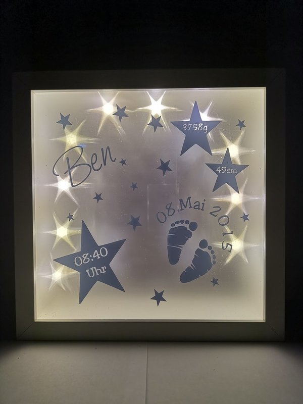 LED Bilderrahmen mit Namen, personalisiert Geschenk, Geburt, Taufe, Nachtlicht